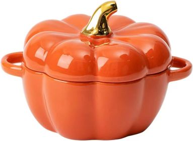 Pumpkin Bowl Set with Lid and Handle, 14 Oz Ceramic Ramekins for Baking, Casserole Dish Individual Severing Pot, Stoneware, Oven Safe