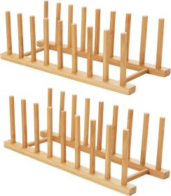 2pcs Bamboo Dish Plate Bowl Cup Book Pot Lid Cutting Board Drying Rack Stand Drainer Storage Holder Organizer Kitchen Cabinet(Keep Dry)