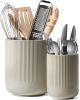 Utensil Holder for Kitchen Counter, 7.3"+5.4" Fluted Ceramic Utensil Crock Organizer for Countertop, Heavy Large Holder for Spatulas, Spoons, Set of 2