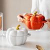 Pumpkin Bowl Set with Lid and Handle, 14 Oz Ceramic Ramekins for Baking, Casserole Dish Individual Severing Pot, Stoneware, Oven Safe