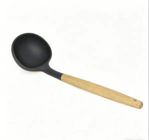 Wooden handle silicone cooking utensils, heat-resistant non-stick kitchen tools including spoon rests, egg beaters, tongs and spatulas (style: large soup spoon)